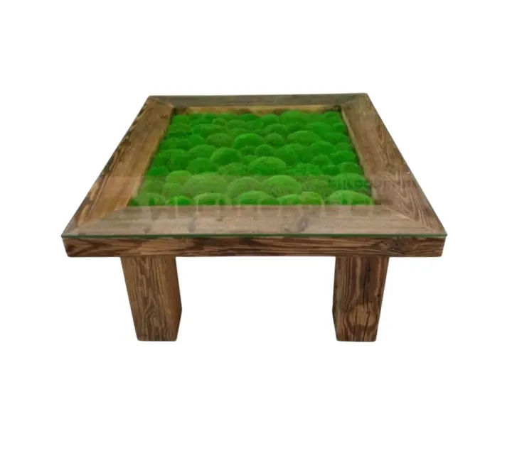Konferenční stůl 82×82 cm z masivního dřeva s mechovým panelem pod sklem